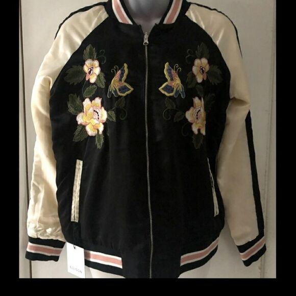 ELLISON Reversible Bomber Jacket Black Floral and Butterfly Embroidery Size M - Picture 1 of 10